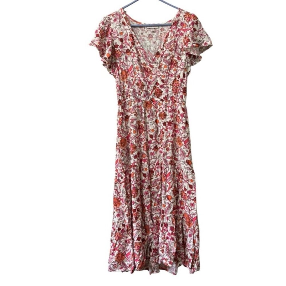 Knox Rose Floral Midi‎ Dress Size Small Rayon Stretch Short Sleeve Cottagecore